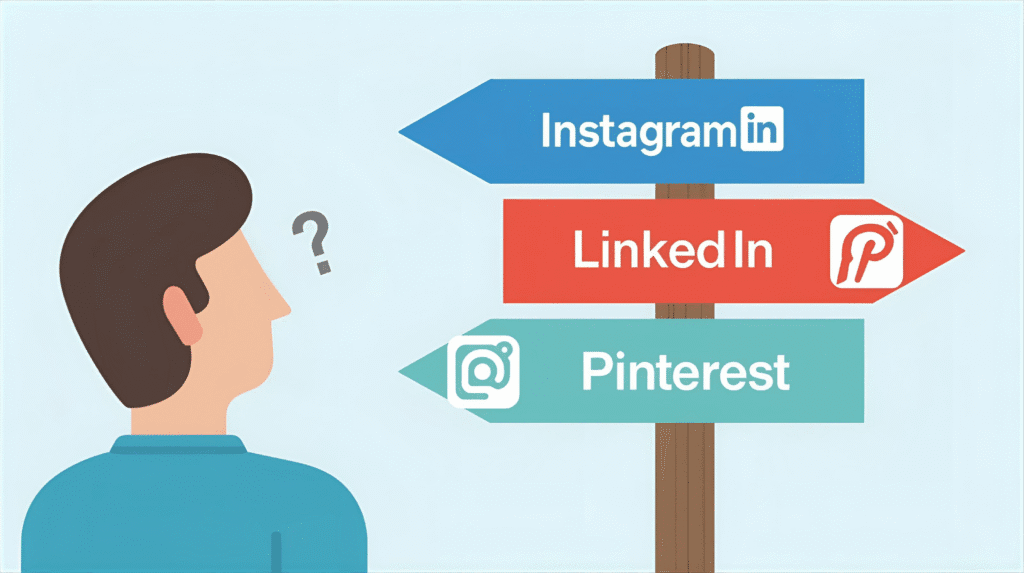 Persona decidiendo qué redes sociales para negocios son mejores: Instagram, LinkedIn o Pinterest.