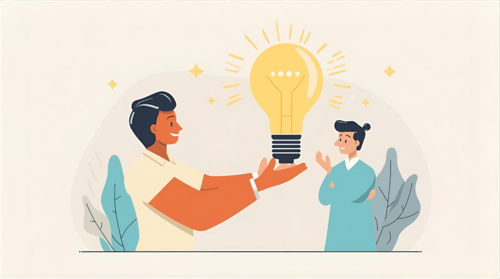 Il·lustració d'una persona entregant un missatge clar i brillant (representat per una bombeta) a una altra.