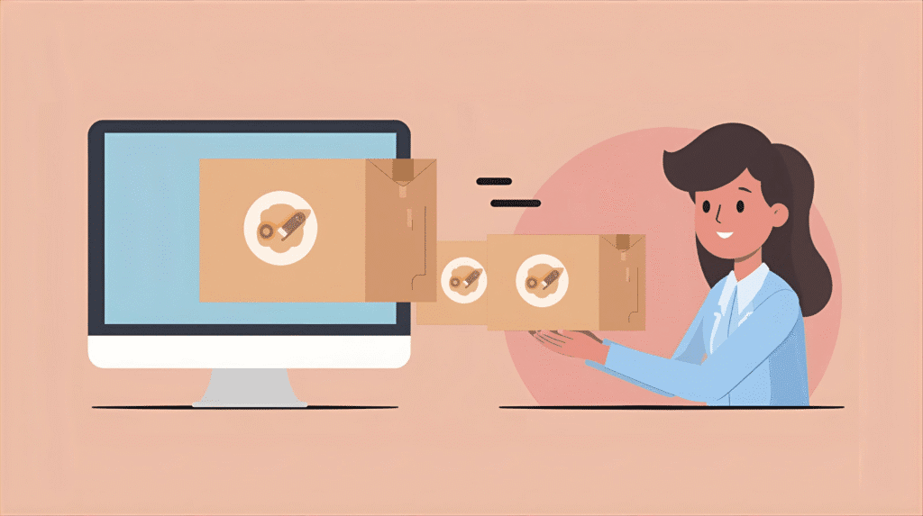 Esquema del procés de logística en un e-commerce local, des de la web fins al client.