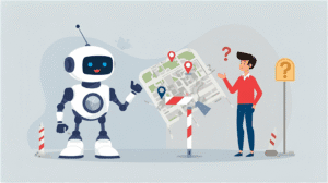 Robot guiando a un usuario perdido, simbolizando una página de error 404 útil.