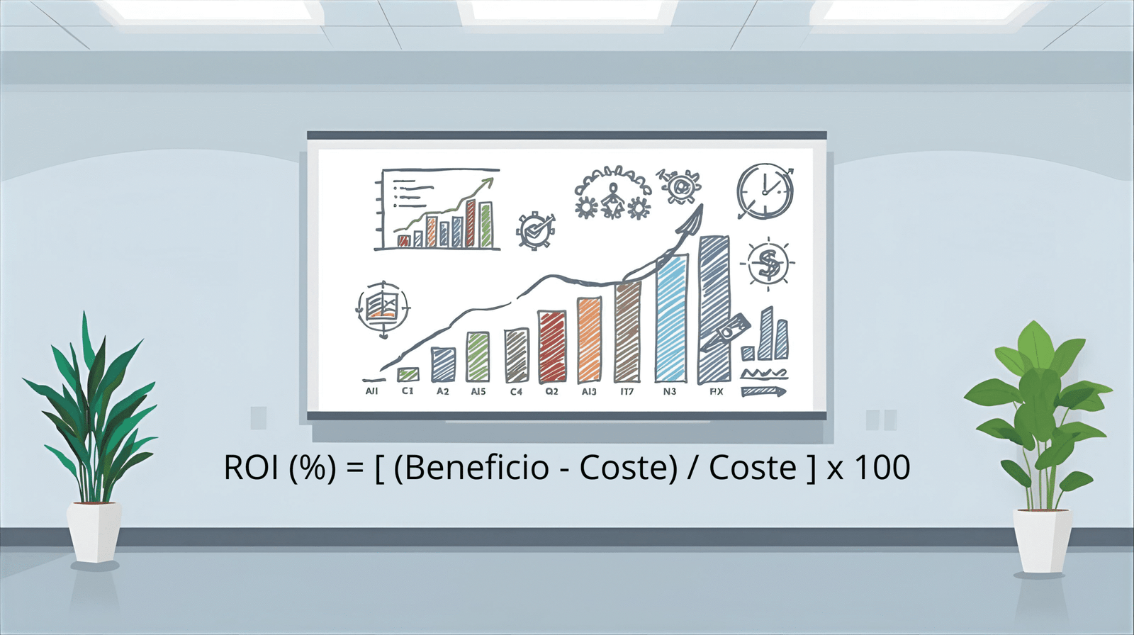 Pizarra con la fórmula para calcular el ROI de una web de forma sencilla.