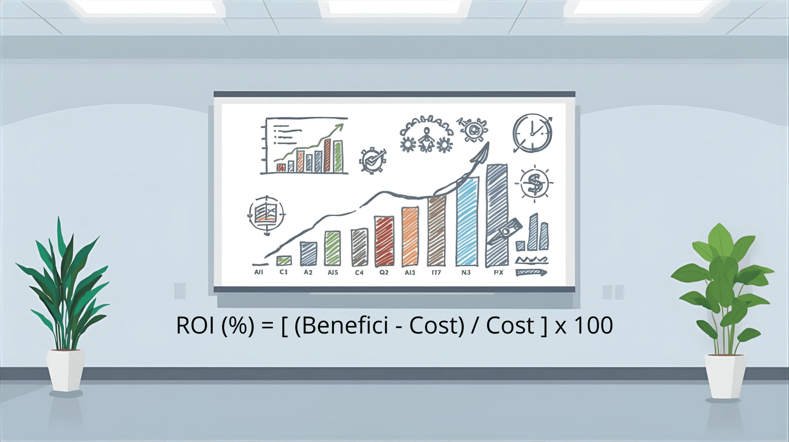 Pissarra amb la fórmula per a calcular el ROI d'una web de manera senzilla.