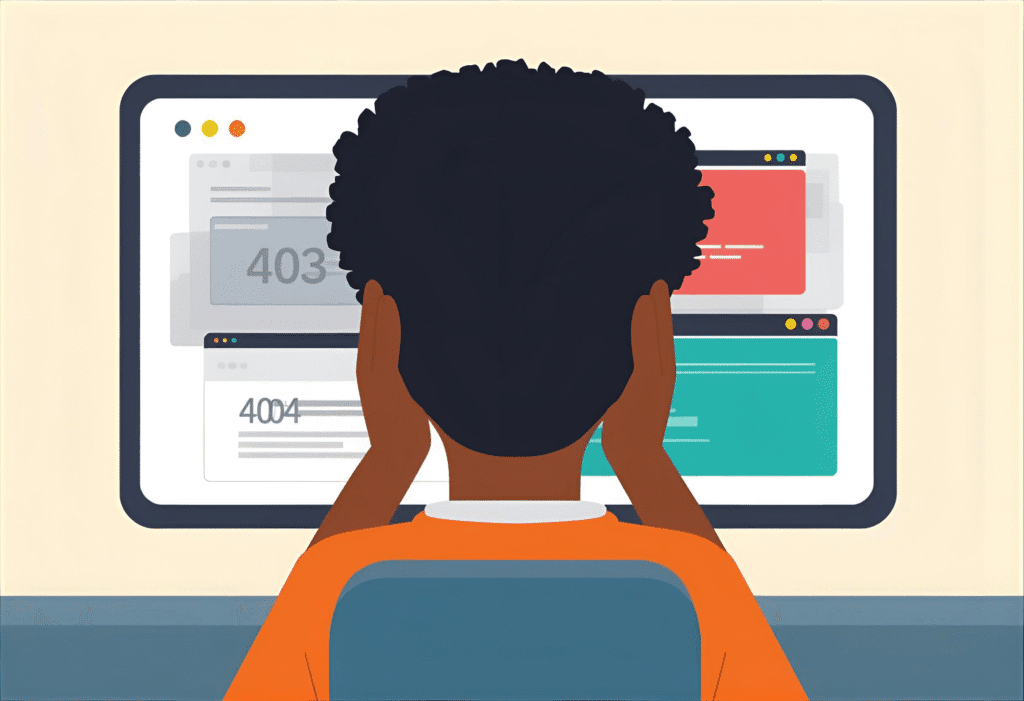 Persona confusa frente a una pantalla con errores de página web como 404 y 503.