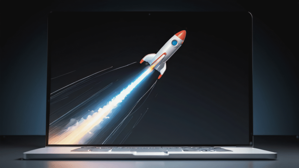 Il·lustració d'una pàgina web impulsada per un coet, representant la velocitat d'un hosting de qualitat.