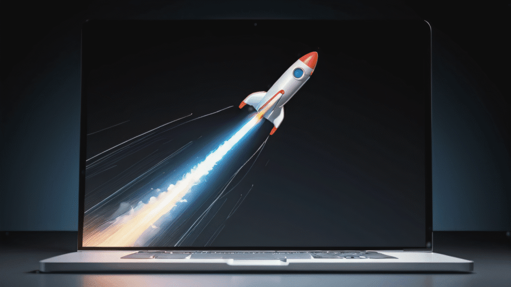 Ilustración de una página web impulsada por un cohete, representando la velocidad de un hosting de calidad.