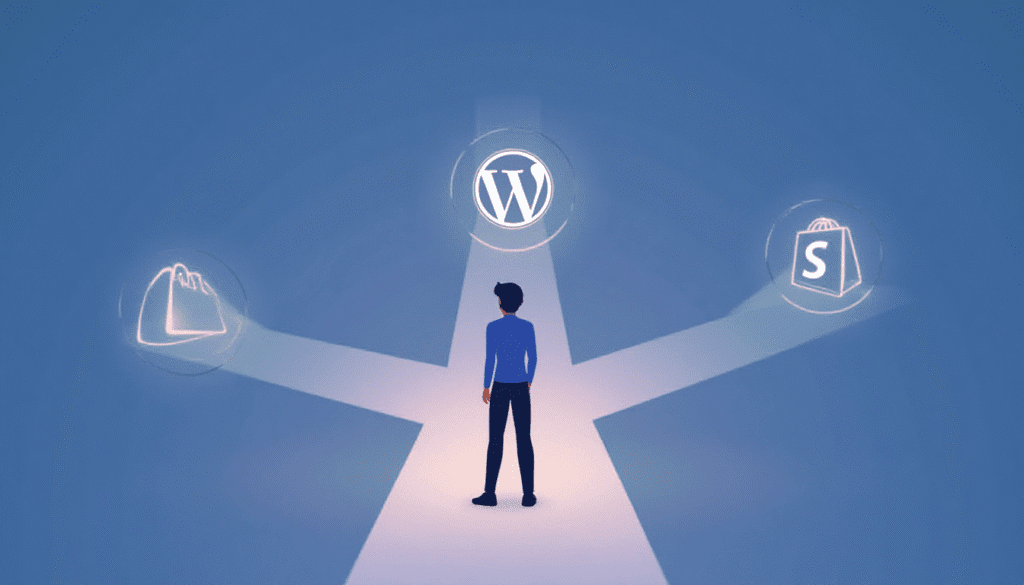 Il·lustració d'una persona en una cruïlla havent de triar la plataforma web correcta entre tres opcions.