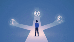 Il·lustració d'una persona en una cruïlla havent de triar la plataforma web correcta entre tres opcions.