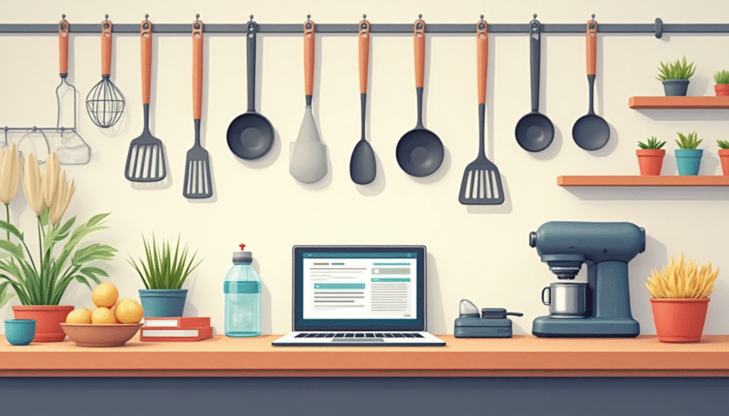 Cocina equipada con muchas herramientas, representando la flexibilidad de WordPress como plataforma web.