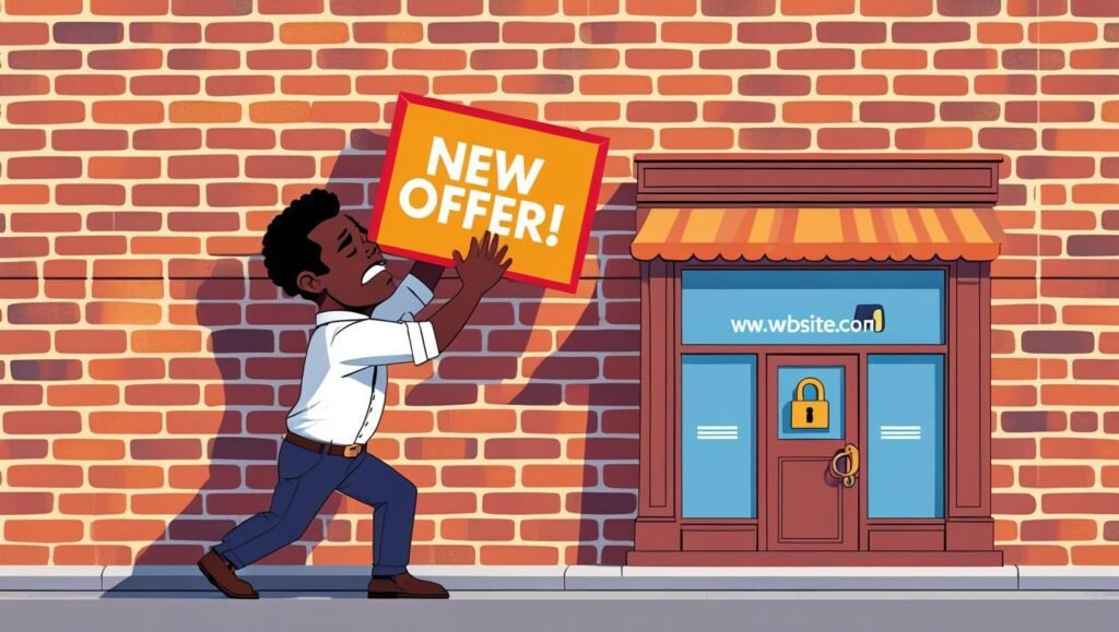 Propietari de negoci bloquejat per una paret de maons davant la seva web, un senyal que cal un redisseny web.