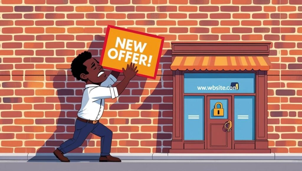 Propietario de negocio bloqueado por una pared de ladrillos ante su web, una señal de que necesita un rediseño web.