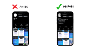 Comparativa de una bio de Instagram de negocio antes y después de ser optimizada para clientes locales.