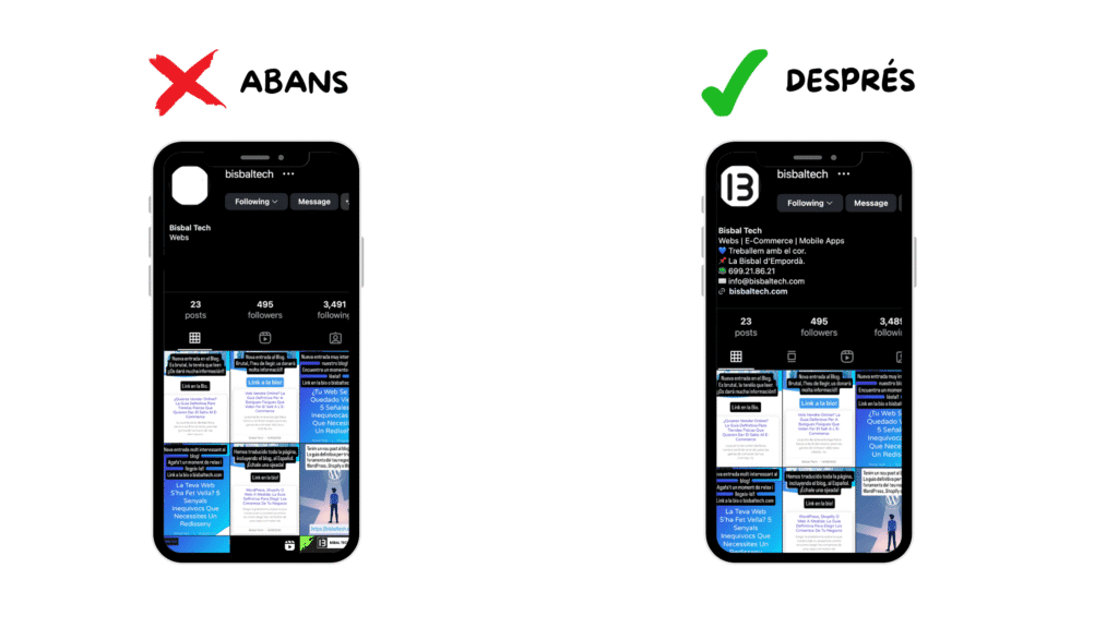 Comparativa d'una bio d'Instagram de negoci abans i després de ser optimitzada per a clients locals.