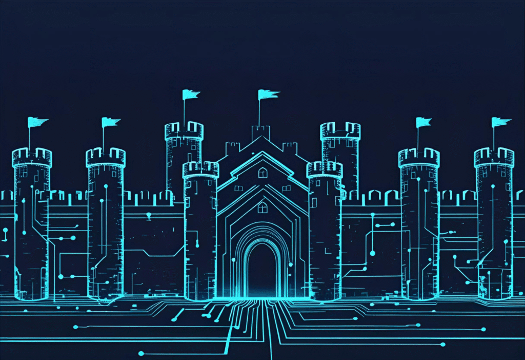 Castillo digital simbolizando una fortaleza, representando la importancia de la seguridad web.