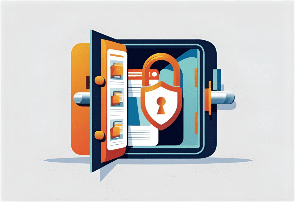 Caixa forta digital protegint una web, il·lustrant el concepte de còpies de seguretat.