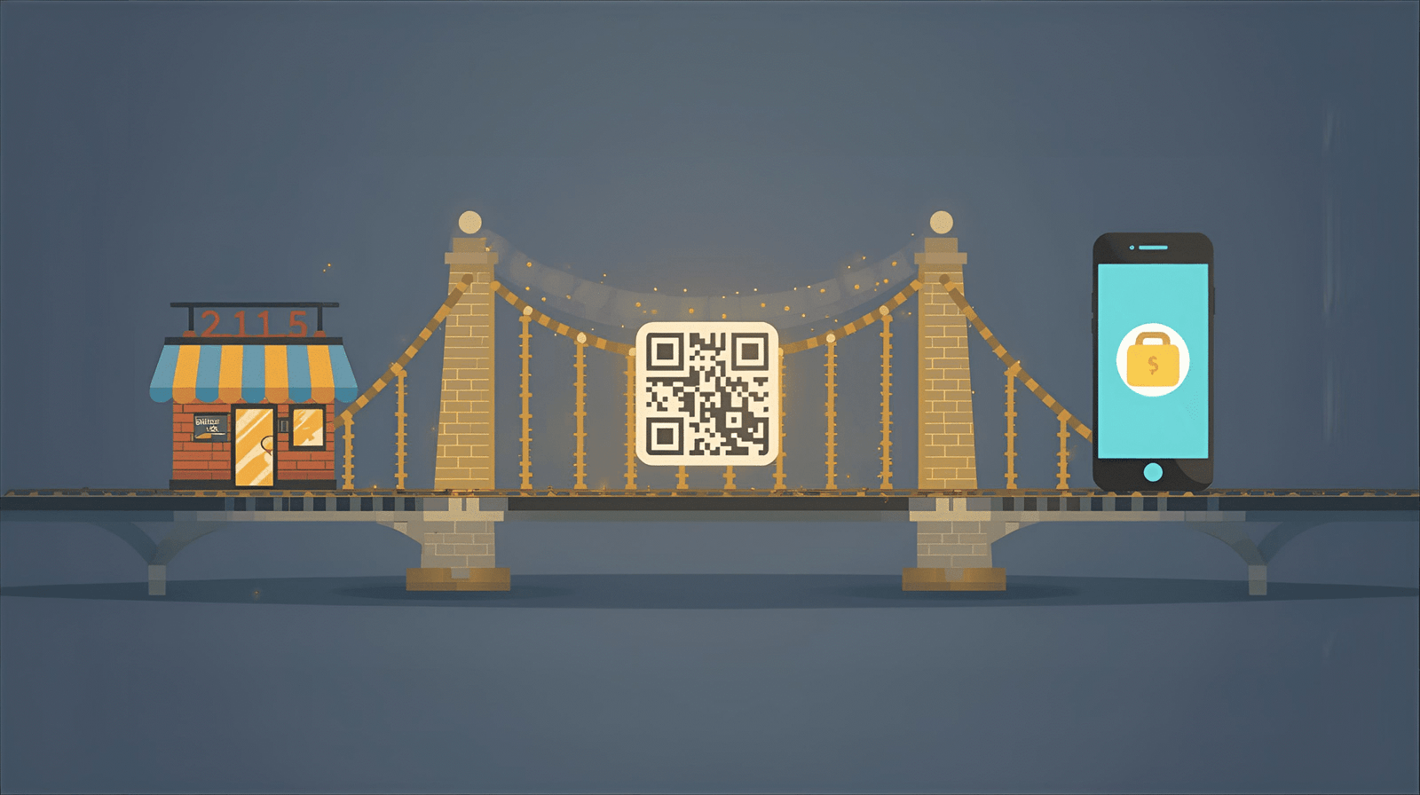 Pont digital amb un codi QR connectant una botiga física i un mòbil, representant els usos dels codis QR per a negocis.