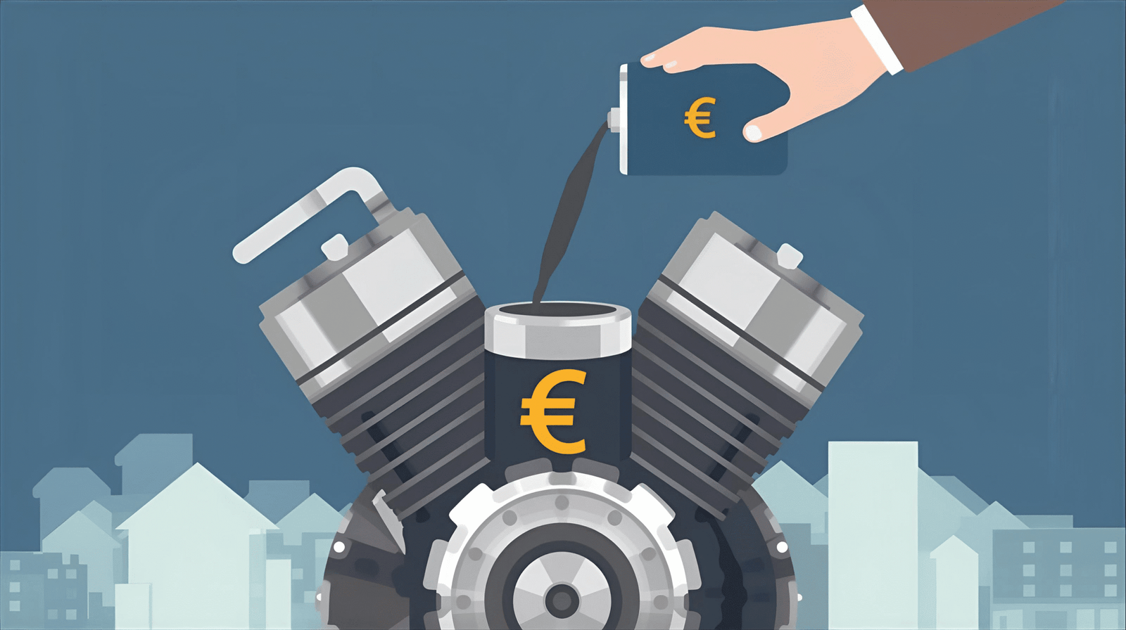 Motor rebent combustible, simbolitzant la inversió d'un pressupost de màrqueting digital.