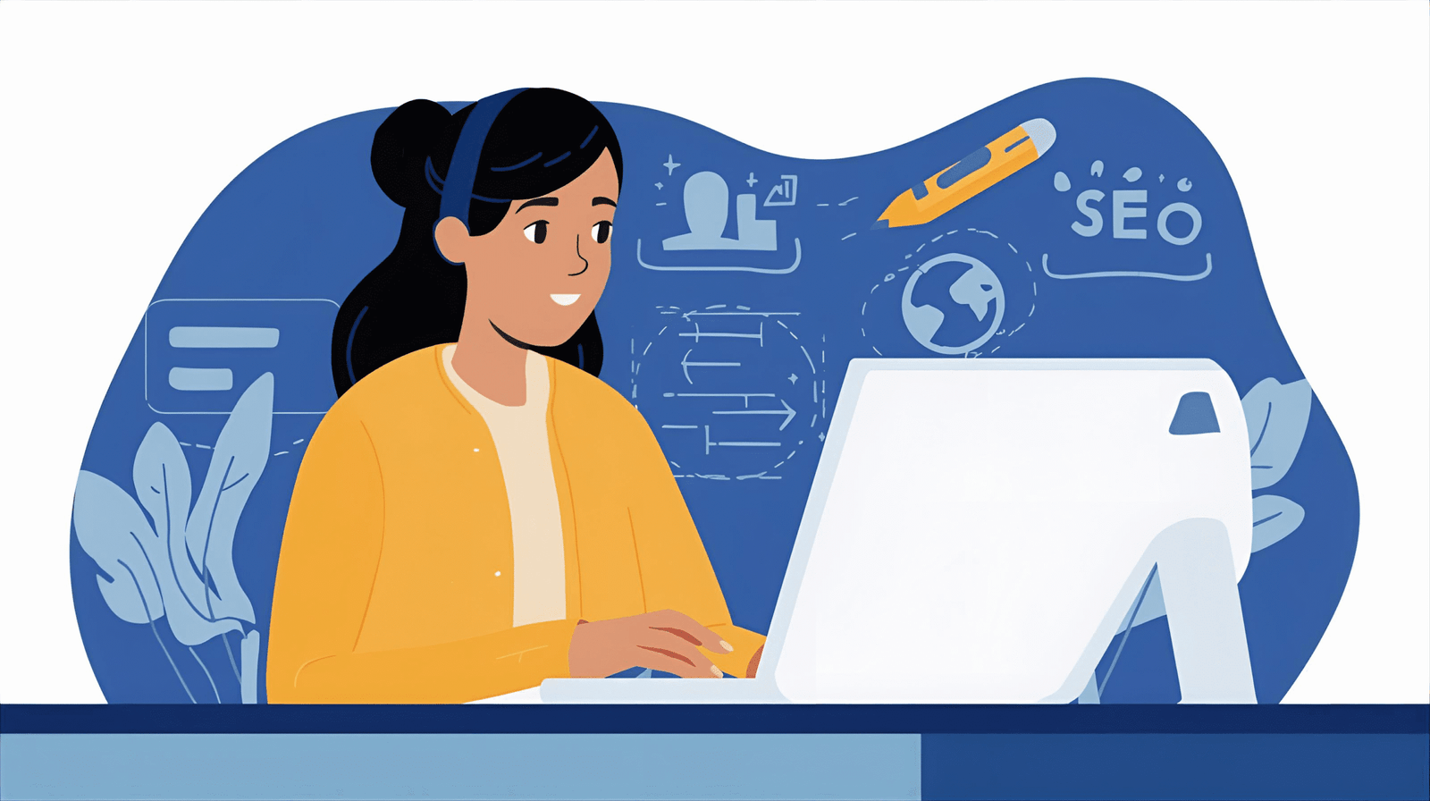 Persona escribiendo en un portátil con iconos de SEO, texto y un lápiz flotando.