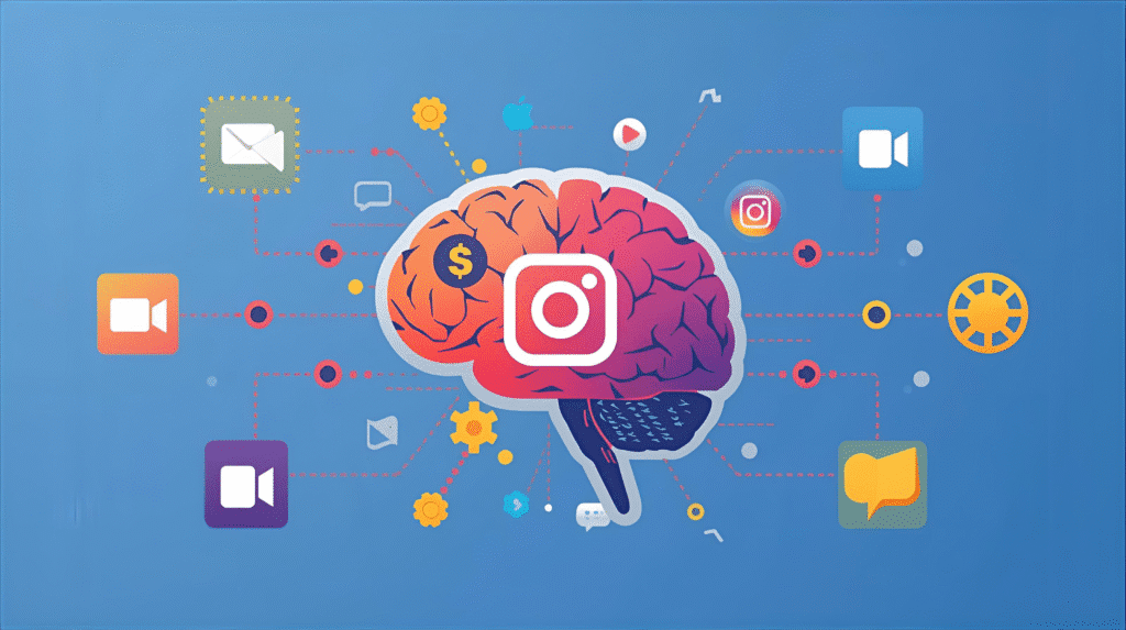 Il·lustració d’un algoritme d’Instagram amb icones socials i elements digitals.